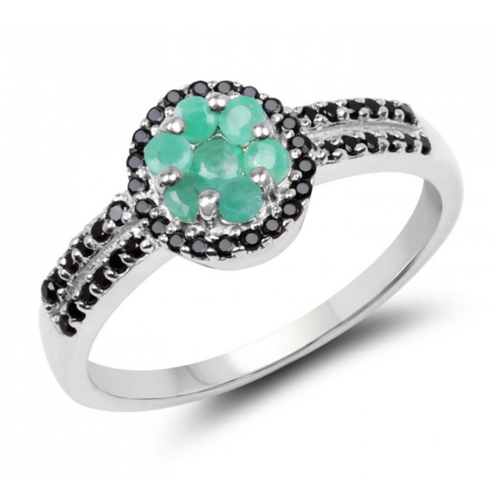 Ring - Sterling Silver -
925 Rhodium Plated
Cluster Emerald & Black
Spine Size 7